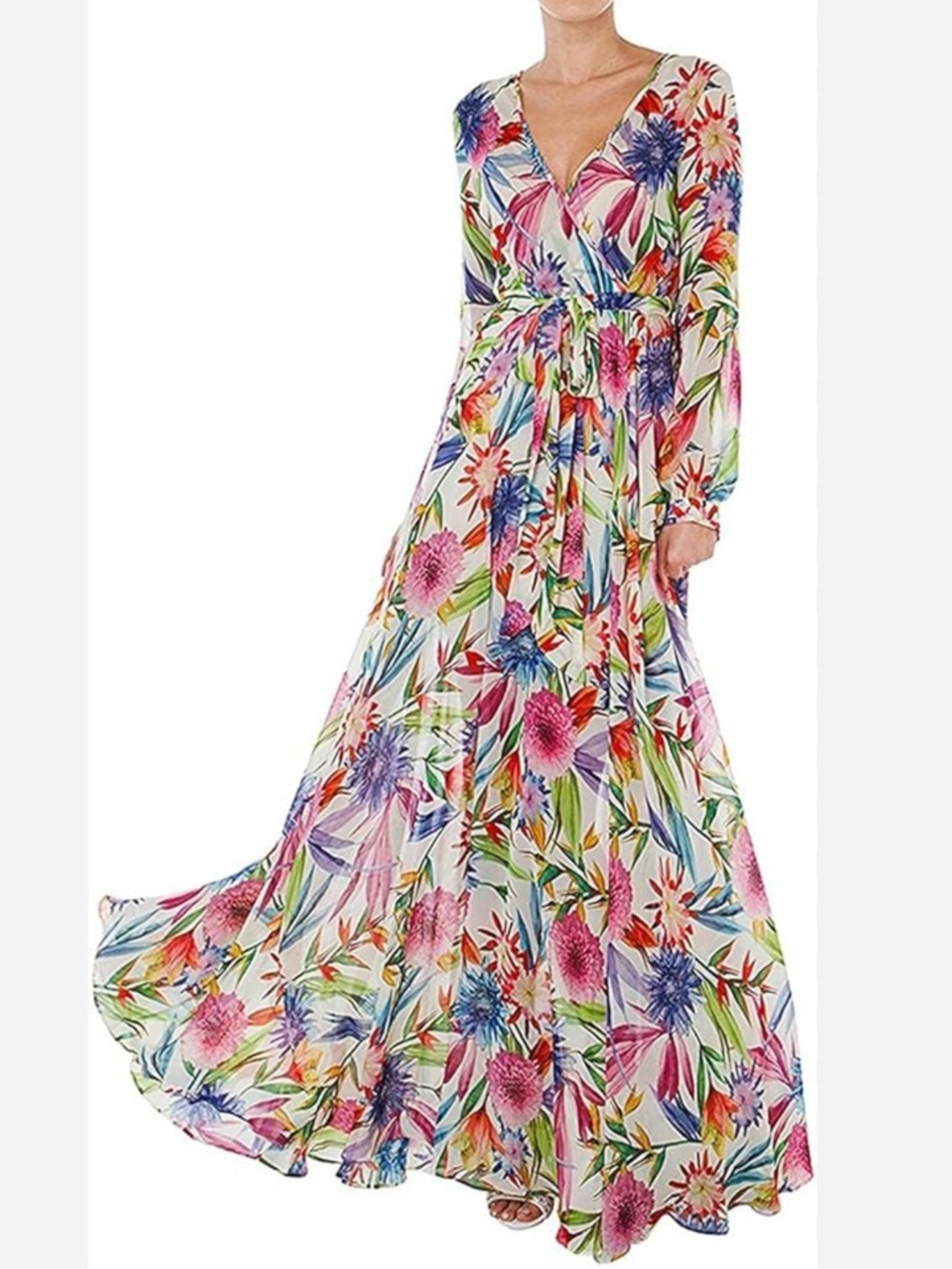 HAODUOYI Floral Wrap Maxi Dress in Cream, Pink and Blue